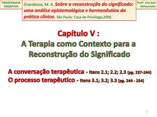 Capítulo V :A Terapia como Contexto para a Reconstrução do Significado3ProfªLina Sue Matsumoto PSICOTERAPIA COGNITIVAGrandesso, M. A. Sobre a reconstrução do significado:  uma análise epistemológica e hermenêutica da prática clínica. São Paulo: Casa do Psicólogo,2000.A conversação terapêutica - Itens 2.1; 2.2; 2.3 (pg. 237-244)O processo terapêutico - Itens 3.1; 3.2; 3.3 (pg. 244 - 254)