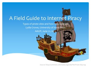 A Field Guide to Internet Piracy
Types of pirate sites and how they operate
Lydia Crowe, University of Iowa Press
AAUP, June 21, 2013
Source: http://commons.wikimedia.org/wiki/File:Pirate-ship.svg
 