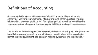 Definitions of Accounting
Accounting is the systematic process of identifying, recording, measuring,
classifying, verifyin...