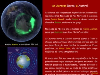 As auroras   são  tempestades magnéticas   que ocorrem  nas regiões polares. Na região do Pólo Norte ela é conhecida como  Aurora Boreal,  sendo  Aurora  a deusa romana da alvorada e  Boreas ,  v ento  n orte   em grego.   Na região do Pólo Sul ela é chamada de  Au rora  A ustral ,  sendo que  Australis  quer dizer  ” do Sul ”  em  l atim. As A uroras  B oreal  e  Austral ocorrem quando a Terra  é   atingida pelas  partículas eletrostáticas emitidas pelo Sol em decorrência de suas reações termonucleares. Estas partículas, ou  Vento   S olar , são defletidas pelo campo magnético da Terra, a Magnetosfera.  O vento solar flui em torno da magnetosfera de  forma  parecida como a água passa por uma pedra em um rio.  Ele também pressiona a magnetosfera ,  fazendo distorcer o seu campo magnético que, ao invés de linhas simétricas como as de um ímã, passa a se esticar e alongar, gerando os incríveis desenhos  em movimento  que ve mos  no céu. A urora  A ustral  ocorrendo no Pólo Sul As A urora s   B oreal  e  A ustral   (Continua) 
