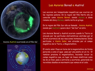 Las auroras   son  tempestades magnéticas   que ocurren en  las regiones polares. En la region del Pólo Norte ella es conocida como  Aurora Boreal,  siendo  Aurora  a diosa romana del alva y  Boreas ,  vi ento  n orte   en griego.   En la region del Pólo Sur ella es llamada ,  Au rora  A ustral ,  siendo que  Australis  quiere decir  ” del Sur ”  en  l atin. Las A uroras  B oreal  y  Austral ocurren cuando la Tierra  es   atacada por las  partículas eletrostáticas emitidas por el Sol en ocurrencia de sus reacciones termonucleares. Estas partículas, o  Viento   S olar , son atraidas por el campo magnético de la Tierra, a Magnetosfera.  El viento solar fluye en torno de la magnetosfera de  forma  parecida a como el agua  pasa por una piedra en un rio.  El tambien presiona la magnetosfera ,  haciendo torcer su campo magnético que, en lugar de lineas simétricas como las de un íman, pasa a estirarse y acortarse, generando los increibles diseños  en movimento  que ve mos  en el cielo. A urora  A ustral  ocurriendo en el Pólo Sul Las A urora s   B oreal  e  A ustral   (Continua) 