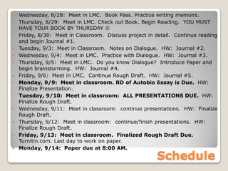 Schedule
 Wednesday, 8/28: Meet in LMC. Book Pass. Practice writing memoirs.
 Thursday, 8/29: Meet in LMC. Check out Book. Begin Reading. YOU MUST
HAVE YOUR BOOK BY THURSDAY 
 Friday, 8/30: Meet in Classroom. Discuss project in detail. Continue reading
and begin Journal #1.
 Tuesday, 9/3: Meet in Classroom. Notes on Dialogue. HW: Journal #2.
 Wednesday, 9/4: Meet in LMC. Practice with Dialogue. HW: Journal #3.
 Thursday, 9/5: Meet in LMC. Do you know Dialogue? Introduce Paper and
begin brainstorming. HW: Journal #4.
 Friday, 9/6: Meet in LMC. Continue Rough Draft. HW: Journal #5.
 Monday, 9/9: Meet in classroom. RD of Autobio Essay is Due. HW:
Finalize Presentation.
 Tuesday, 9/10: Meet in classroom: ALL PRESENTATIONS DUE. HW:
Finalize Rough Draft.
 Wednesday, 9/11: Meet in classroom: continue presentations. HW: Finalize
Rough Draft.
 Thursday, 9/12: Meet in classroom: continue/finish presentations. HW:
Finalize Rough Draft.
 Friday, 9/13: Meet in classroom. Finalized Rough Draft Due.
Turnitin.com. Last day to work on paper.
 Monday, 9/14: Paper due at 8:00 AM.
 