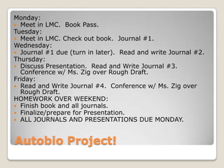 Autobio Project!
Monday:
 Meet in LMC. Book Pass.
Tuesday:
 Meet in LMC. Check out book. Journal #1.
Wednesday:
 Journal #1 due (turn in later). Read and write Journal #2.
Thursday:
 Discuss Presentation. Read and Write Journal #3.
Conference w/ Ms. Zig over Rough Draft.
Friday:
 Read and Write Journal #4. Conference w/ Ms. Zig over
Rough Draft.
HOMEWORK OVER WEEKEND:
 Finish book and all journals.
 Finalize/prepare for Presentation.
 ALL JOURNALS AND PRESENTATIONS DUE MONDAY.
 