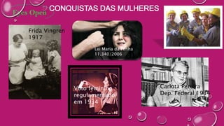 Voto feminino
regulamentado
em 1934
Lei Maria da Penha
11.340/2006
Frida Vingren
1917
Carlota Pereira
Dep. Federal 1934
 