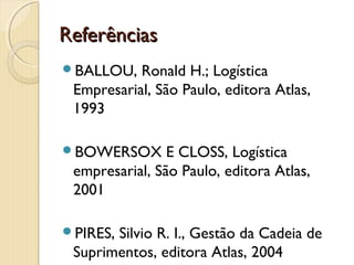ReferênciasReferências
BALLOU, Ronald H.; Logística
Empresarial, São Paulo, editora Atlas,
1993
BOWERSOX E CLOSS, Logística
empresarial, São Paulo, editora Atlas,
2001
PIRES, Silvio R. I., Gestão da Cadeia de
Suprimentos, editora Atlas, 2004
 
