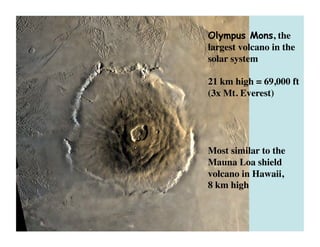 Olympus Mons, the
largest volcano in the
solar system	

21 km high = 69,000 ft	

(3x Mt. Everest)	

Most similar to the
Mauna Loa shield
volcano in Hawaii, 	

8 km high	

 