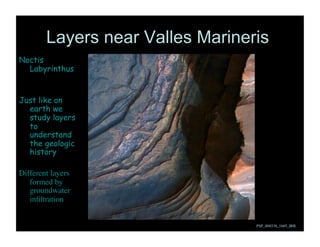 Layers near Valles Marineris
Noctis
Labyrinthus
Just like on
earth we
study layers
to
understand
the geologic
history
Different layers
formed by
groundwater
inﬁltration	

PSP_008538_1685_IRB	

 