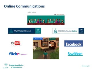 Breaking through Barriers – Focus AreasHow does our nationwide AAUW community break through barriers for women and girls?We advocatefor women’s career, financial andlife choicesWe championequitablecompensationand treatmentInsert artworkWe supportaccessible,affordable,high-qualityeducation for allwomenand girlsWe promotechallengingcareers as ameans toimproved qualityof lifeWe developand motivateleadersWe fosternetworks thathelp womensucceedHow does your branch break through barriers for women and girls?Breaking through Barriers Awards: 15