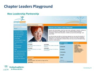Application Process and ReviewBreaking through Barriers Awards Webinar in May 2010Online application open in summer 2010 – Feb 15, 2011Applications reviewed by panel composed of theBranch Program Resources Task Force, select board members and staffFinalist and honorable mention awardees announced byMarch 15, 2011Top 3 awardees announced (from among finalists) atAAUW National Convention, June 16-19, 2011Breaking through Barriers Awards: 17