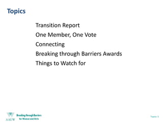 TopicsTransition ReportOne Member, One VoteConnectingBreaking through Barriers AwardsThings to Watch forTopics: 3