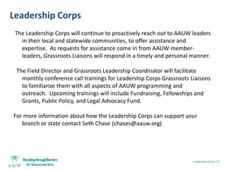 Learning About UsEvery Member SurveyIncluded in May 2010 Outlook MagazineWill be available: in Print or OnlineEncourage all members to complete the survey – it helps us all.Branch / State SurveyCreated by: The AAUW Program and Membership CommitteesGoal: to learn what programs/activities our  branches have developed.What succeeded; what did notTo Gain: as much information as possibleTo use as models for othersTo help with AAUW planningConnecting: 42