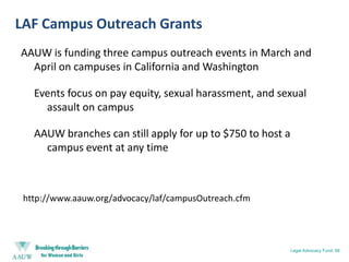 AAUW Fellowships and GrantsAAUW has awarded $3.15 million to more than 215 recipients for the 2010-11 program/academic year2011-12 Fellowships and Grants applications will be available online onAugust 1, 2010In April, AAUW is accepting applications for the 2011 Eleanor Roosevelt Fund Award through November 1, 2010New AAUW Alumnae Exchange online newsletter and Ning social networking community for Fellowships & Grants recipients have 200 members alreadyProfiles of outstanding AAUW alumnae will continued to be featured in AAUW Dialog blog.  More than 60 former recipients have been featuredAAUW Fellowships and Grants: 49