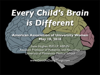 Every Child's Brain
   is Different
American Association of University Women
             May 10, 2010

             Steve Hughes, PhD, LP, ABPdN
    Assistant Professor of Pediatrics and Neurology
        University of Minnesota Medical School

            www.GoodAtDoingThings.com
 