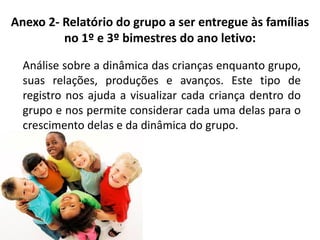 Anexo 2- Relatório do grupo a ser entregue às famílias
no 1º e 3º bimestres do ano letivo:
Análise sobre a dinâmica das crianças enquanto grupo,
suas relações, produções e avanços. Este tipo de
registro nos ajuda a visualizar cada criança dentro do
grupo e nos permite considerar cada uma delas para o
crescimento delas e da dinâmica do grupo.
 