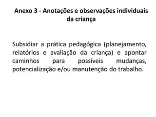 Anexo 3 - Anotações e observações individuais
da criança
Subsidiar a prática pedagógica (planejamento,
relatórios e avaliação da criança) e apontar
caminhos para possíveis mudanças,
potencialização e/ou manutenção do trabalho.
 