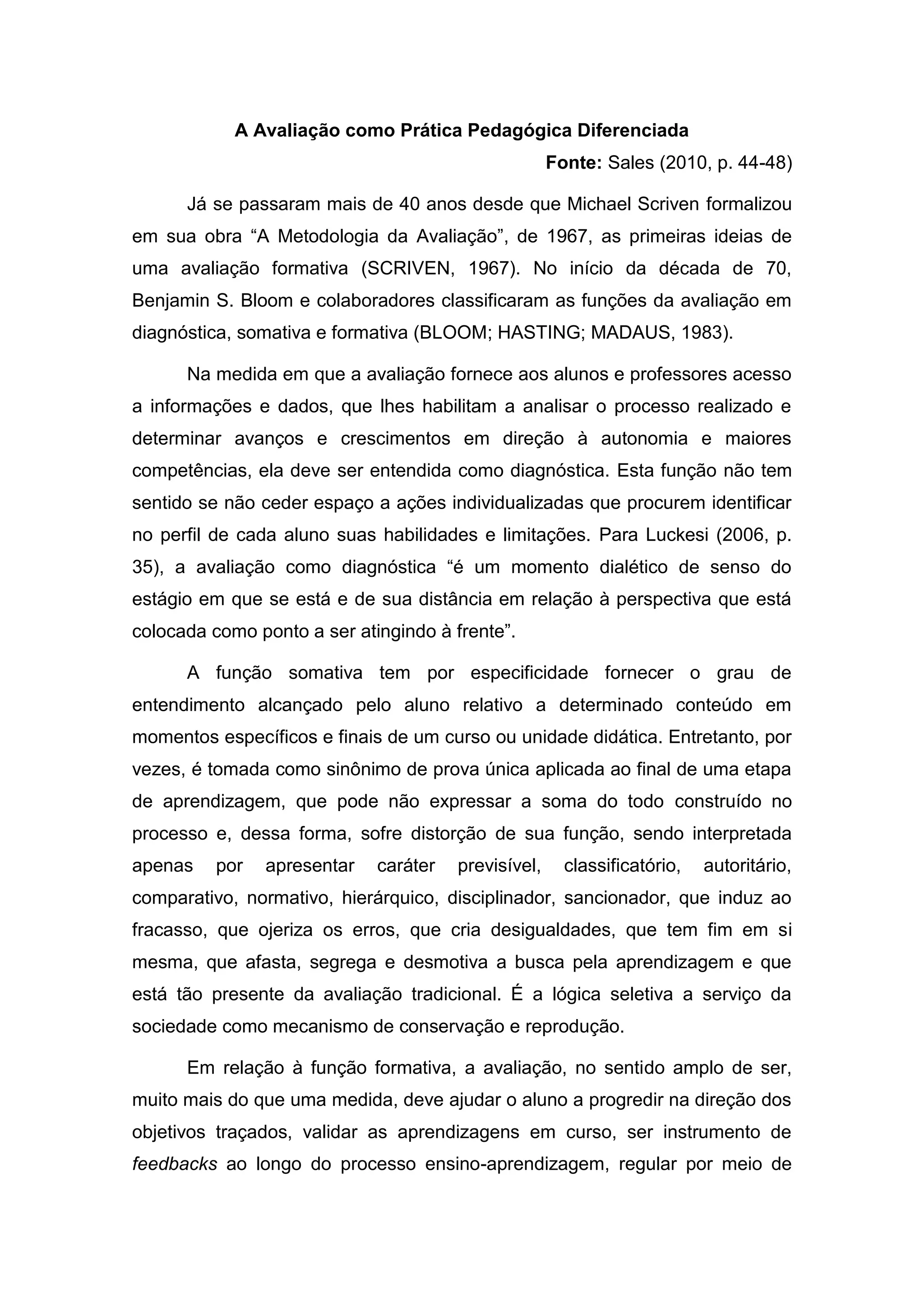 A avaliação como prática pedagógica diferenciada | PDF