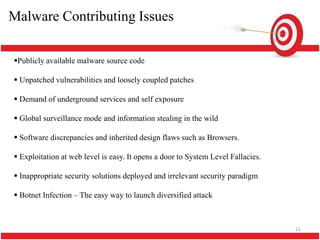 Malware Contributing Issues

Publicly available malware source code

 Unpatched vulnerabilities and loosely coupled patches

 Demand of underground services and self exposure

 Global surveillance mode and information stealing in the wild

 Software discrepancies and inherited design flaws such as Browsers.

 Exploitation at web level is easy. It opens a door to System Level Fallacies.

 Inappropriate security solutions deployed and irrelevant security paradigm

 Botnet Infection – The easy way to launch diversified attack



                                                                                  11
 