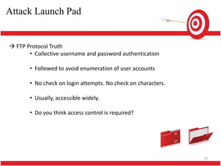 Attack Launch Pad


 FTP Protocol Truth
       • Collective username and password authentication

       • Followed to avoid enumeration of user accounts

       • No check on login attempts. No check on characters.

       • Usually, accessible widely.

       • Do you think access control is required?




                                                               23
 