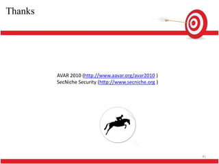 Thanks




         AVAR 2010 (http://www.aavar.org/avar2010 )
         SecNiche Security (http://www.secniche.org )




                                                        41
 