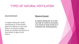 TYPES OF NATURAL VENTILATION
Ascensional:
It implies taking the intake
ventilating air to the lowest
point of a district or face and
allow it to travel to higher
levels to ventilate the district or
face before it goes to the
return.
Desenctional:
It implies taking the air to the
rise side of a district and allow
it to travel to lower levels as it
ventilates the working places.
 