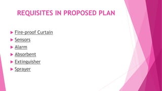 REQUISITES IN PROPOSED PLAN
 Fire-proof Curtain
 Sensors
 Alarm
 Absorbent
 Extinguisher
 Sprayer
 