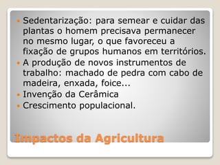 Impactos da Agricultura
 Sedentarização: para semear e cuidar das
plantas o homem precisava permanecer
no mesmo lugar, o que favoreceu a
fixação de grupos humanos em territórios.
 A produção de novos instrumentos de
trabalho: machado de pedra com cabo de
madeira, enxada, foice...
 Invenção da Cerâmica
 Crescimento populacional.
 
