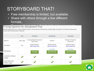 STORYBOARD THAT! 
• Free membership is limited, but available. 
• Share with others through a few different 
formats. 
• Can use for every subject and various projects. 
 
