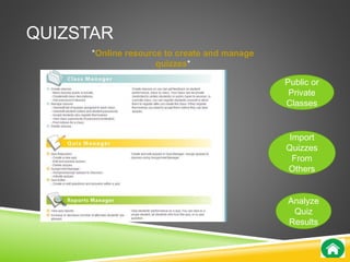 QUIZSTAR 
*Online resource to create and manage 
quizzes* 
Public or 
Private 
Classes 
Import 
Quizzes 
From 
Others 
Analyze 
Quiz 
Results 
 