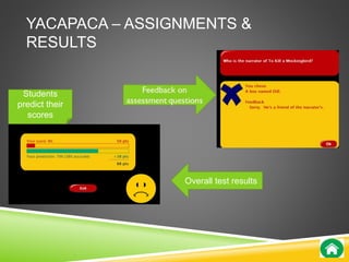 YACAPACA – ASSIGNMENTS & 
RESULTS 
Overall test results 
Students 
predict their 
scores 
 