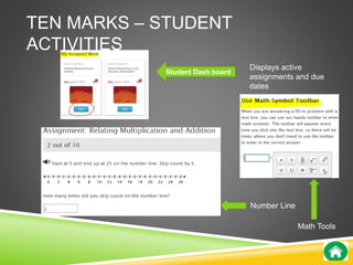 TEN MARKS – STUDENT 
ACTIVITIES 
Student Dash board 
Displays active 
assignments and due 
dates 
Number Line 
Math Tools 
 