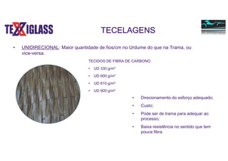 • UNIDIRECIONAL: Maior quantidade de fios/cm no Urdume do que na Trama, ou
vice-versa.
• Direcionamento do esforço adequado;
• Custo;
• Pode ser de trama para adequar ao
processo;
• Baixa resistência no sentido que tem
pouca fibra.
TECELAGENS
TECIDOS DE FIBRA DE CARBONO
• UD 330 g/m²
• UD 600 g/m²
• UD 810 g/m²
• UD 900 g/m²
 