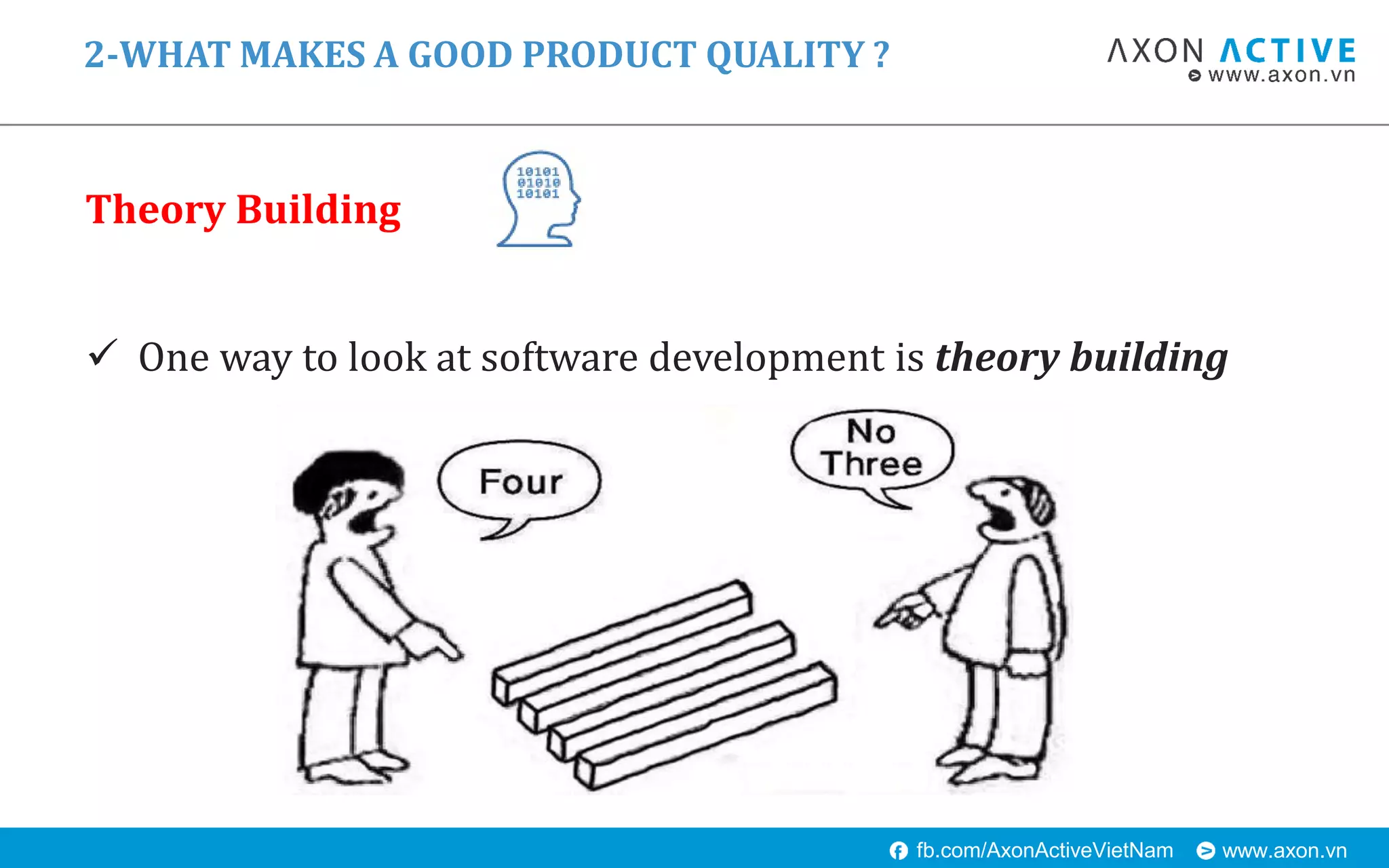 www.axon.vnfb.com/AxonActiveVietNam
Theory Building
 One way to look at software development is theory building
2-WHAT MAKES A GOOD PRODUCT QUALITY ?
 