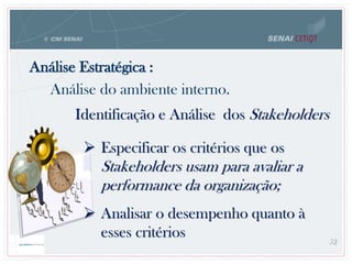Identificação e Análise dos Stakeholders
 Especificar os critérios que os
Stakeholders usam para avaliar a
performance da organização;
 Analisar o desempenho quanto à
esses critérios 52
Análise do ambiente interno.
Análise Estratégica :
 