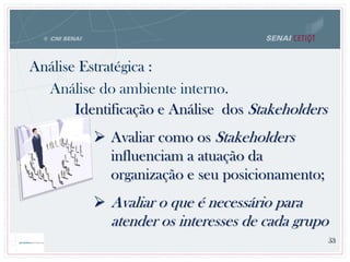  Avaliar como os Stakeholders
influenciam a atuação da
organização e seu posicionamento;
 Avaliar o que é necessário para
atender os interesses de cada grupo
53
Identificação e Análise dos Stakeholders
53
Análise do ambiente interno.
Análise Estratégica :
 