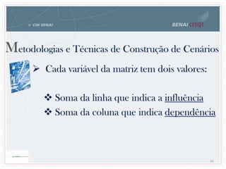 86
Metodologias e Técnicas de Construção de Cenários
 Cada variável da matriz tem dois valores:
 Soma da linha que indica a influência
 Soma da coluna que indica dependência
 