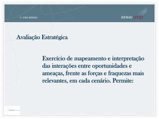 Avaliação Estratégica
Exercício de mapeamento e interpretação
das interações entre oportunidades e
ameaças, frente as forças e fraquezas mais
relevantes, em cada cenário. Permite:
 