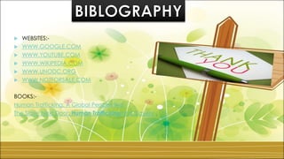  WEBSITES:-
 WWW.GOOGLE.COM
 WWW.YOUTUBE.COM
 WWW.WIKIPEDIA.COM
 WWW.UNODC.ORG
 WWW.NOTFORSALE.COM
BOOKS:-
Human Trafficking: A Global Perspective
The Slave Next Door: Human Trafficking and Slavery
 