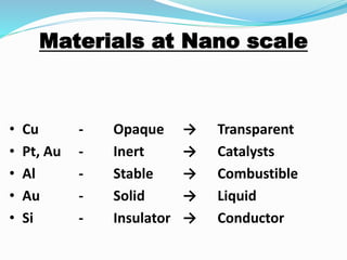Materials at Nano scale
• Cu - Opaque → Transparent
• Pt, Au - Inert → Catalysts
• Al - Stable → Combustible
• Au - Solid → Liquid
• Si - Insulator → Conductor
 