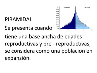 PIRAMIDAL
Se presenta cuando
tiene una base ancha de edades
reproductivas y pre - reproductivas,
se considera como una poblacion en
expansión.
 