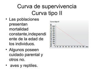 Curva de supervivencia
Curva tipo II
• Las poblaciones
presentan
mortalidad
constante,independi
ente de la edad de
los ind...