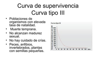 Curva de supervivencia
Curva tipo III
• Poblaciones de
organismos con elevada
tasa de natalidad.
• Muerte temprana.
• No a...