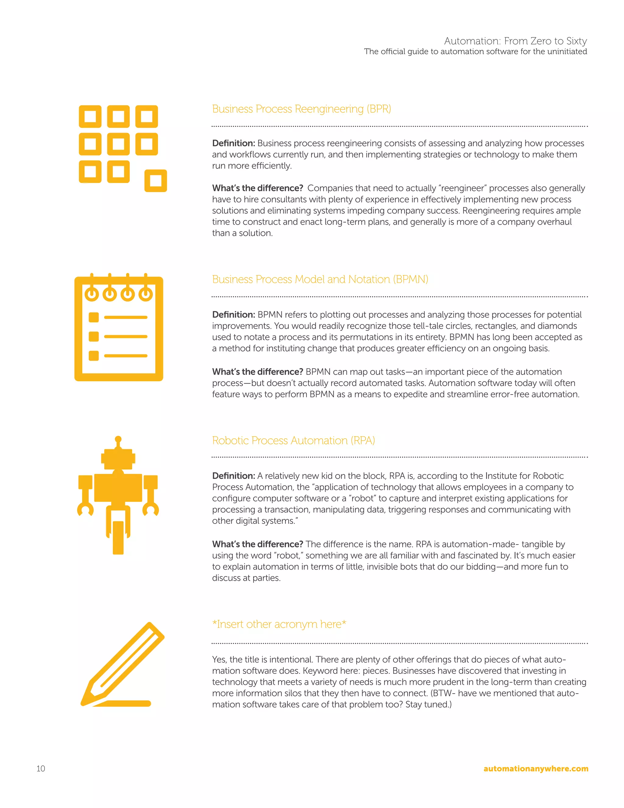 automationanywhere.com
Automation: From Zero to Sixty
The official guide to automation software for the uninitiated
10
Business Process Reengineering (BPR)
Definition: Business process reengineering consists of assessing and analyzing how processes
and workflows currently run, and then implementing strategies or technology to make them
run more efficiently.
What’s the difference? Companies that need to actually “reengineer” processes also generally
have to hire consultants with plenty of experience in effectively implementing new process
solutions and eliminating systems impeding company success. Reengineering requires ample
time to construct and enact long-term plans, and generally is more of a company overhaul
than a solution.
Business Process Model and Notation (BPMN)
Definition: BPMN refers to plotting out processes and analyzing those processes for potential
improvements. You would readily recognize those tell-tale circles, rectangles, and diamonds
used to notate a process and its permutations in its entirety. BPMN has long been accepted as
a method for instituting change that produces greater efficiency on an ongoing basis.
What’s the difference? BPMN can map out tasks—an important piece of the automation
process—but doesn’t actually record automated tasks. Automation software today will often
feature ways to perform BPMN as a means to expedite and streamline error-free automation.
Robotic Process Automation (RPA)
Definition: A relatively new kid on the block, RPA is, according to the Institute for Robotic
Process Automation, the “application of technology that allows employees in a company to
configure computer software or a “robot” to capture and interpret existing applications for
processing a transaction, manipulating data, triggering responses and communicating with
other digital systems.”
What’s the difference? The difference is the name. RPA is automation-made- tangible by
using the word “robot,” something we are all familiar with and fascinated by. It’s much easier
to explain automation in terms of little, invisible bots that do our bidding—and more fun to
discuss at parties.
*Insert other acronym here*
Yes, the title is intentional. There are plenty of other offerings that do pieces of what auto-
mation software does. Keyword here: pieces. Businesses have discovered that investing in
technology that meets a variety of needs is much more prudent in the long-term than creating
more information silos that they then have to connect. (BTW- have we mentioned that auto-
mation software takes care of that problem too? Stay tuned.)
 