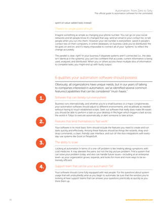 automationanywhere.com
Automation: From Zero to Sixty
The official guide to automation software for the uninitiated
15
spent on value-added tasks instead.
There’s no single point of truth
Imagine something as simple as changing your phone number. You can go on your social
networks and let people know it’s changed that way, send an email to your contact list, or tell
people when you run into them. However your old number is everywhere: saved in people’s
contact lists on their computers, in online databases, on business cards you’ve distributed, the
list goes on and on, and it’s nearly impossible to connect all of your “systems” to reflect the
change accurately.
The parallel is clear, right? In your business if disparate systems aren’t connected (i.e., the data
isn’t identical in the systems), you can’t be confident that accurate, current information is being
used, analyzed, and distributed. When you or others access these multiple silos of information
to complete tasks, you might end up with faulty output.
6 qualities your automation software should possess
Obviously, all organizations have unique needs, but in our years of talking
to companies interested in automation, we’ve identified several common
features/capabilities that can be considered “must-haves.”
Software that can literally run everywhere
Business runs internationally, and whether you’re a small business or a major conglomerate,
your automation software should adjust to different environments, and recalibrate as needed
without having to touch established scripts. Seek out software that really does make life easier;
you should be able to perform a task on your desktop in Michigan which triggers a task across
the world in Tokyo to execute automatically or alert someone to take action.
Features that lend themselves to “fast work”
Your software in its most basic form should include the features you need to create and run
tasks quickly and effectively. Among these features should be things like wizards, drag-and-
drop commands, a clean, friendly user interface, and out-of-the-box integrations with every-
day-use systems like Excel or PeopleSoft.
The ability to scale
Looking at automation in terms of a one-off problem is like treating allergy symptoms with
cold medicine. It may alleviate the pains, but not the big-picture problem. Find a system that
can solve your problem today, and also can handle future issues—including at an enterprise
level—as your organization grows, expands, and looks for more and more ways to be ex-
tremely efficient.
Support team that can be your automation “Siri”
Your software should come fully equipped with real people. For the questions about system
usage that will undoubtedly arise as you begin to automate, be sure that the vendors you’re
looking at have support teams that can answer your questions practically as quickly as you
think them up.
1.
2.
3.
4.
 