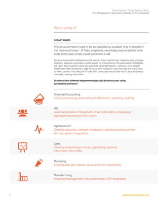 automationanywhere.com
Automation: From Zero to Sixty
The official guide to automation software for the uninitiated
6
Who’s using it?
DEPARTMENTS
Process automation used to be an opportunity available only to people in
the “technical know,”; IT folks, engineers, essentially anyone able to write
code and create scripts could automate a task.
Because automation software records tasks as they’re performed, captures what you type
and click, and auto-generates a script based on those actions, the automation floodgates
are open. Now business users can automate tasks themselves—without a tech degree.
The benefit here? Everyone is able to focus their energy on tasks that add the most value
to their business. Including the IT folks who previously would have had to allocate time to
manually creating these tasks.
So where have different departments typically found success using
automation software?
Financial/Accounting:
Invoice processing, automating AP/AR actions, reporting, auditing
HR:
Automating tasks in PeopleSoft, email notifications, populating/
aggregating employee information
Operations/IT:
Creating accounts, software installations, batch processing, printer
set-ups, system integrations
Sales:
Creating and printing invoices, populating customer
information into CRMs,
Marketing:
Creating lead gen reports, social sentiment monitoring
Manufacturing:
Inventory management, Excel automation, ERP integration
 