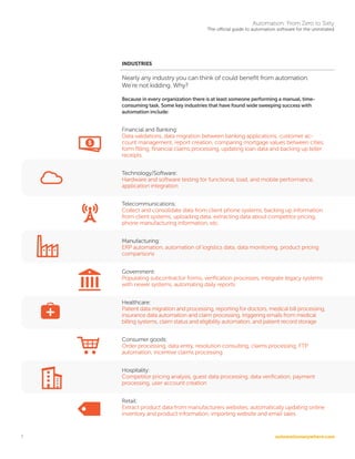 automationanywhere.com
Automation: From Zero to Sixty
The official guide to automation software for the uninitiated
7
INDUSTRIES
Nearly any industry you can think of could benefit from automation.
We’re not kidding. Why?
Because in every organization there is at least someone performing a manual, time-
consuming task. Some key industries that have found wide sweeping success with
automation include:
Financial and Banking:
Data validations, data migration between banking applications, customer ac-
count management, report creation, comparing mortgage values between cities,
form filling, financial claims processing, updating loan data and backing up teller
receipts
Technology/Software:
Hardware and software testing for functional, load, and mobile performance,
application integration
Telecommunications:
Collect and consolidate data from client phone systems, backing up information
from client systems, uploading data, extracting data about competitor pricing,
phone manufacturing information, etc.
Manufacturing:
ERP automation, automation of logistics data, data monitoring, product pricing
comparisons
Government:
Populating subcontractor forms, verification processes, integrate legacy systems
with newer systems, automating daily reports
Healthcare:
Patient data migration and processing, reporting for doctors, medical bill processing,
insurance data automation and claim processing, triggering emails from medical
billing systems, claim status and eligibility automation, and patient record storage
Consumer goods:
Order processing, data entry, resolution consulting, claims processing, FTP
automation, incentive claims processing
Hospitality:
Competitor pricing analysis, guest data processing, data verification, payment
processing, user account creation
Retail:
Extract product data from manufacturers websites, automatically updating online
inventory and product information, importing website and email sales
 