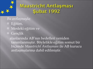 Bu antlaşmayla; Eğitim,  Mesleki eğitim ve  Gençlik  alanlarında AB’nın hedefleri yeniden tanımlanmıştır. Böylelikle eğitim somut bir biçimde  Maastricht Antlaşması  ile AB kurucu antlaşmalarına dahil edilmiştir.  
