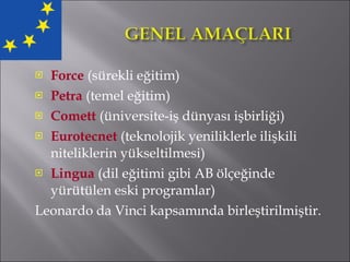 Force  (sürekli eğitim)  Petra  (temel eğitim) Comett  (üniversite-iş dünyası işbirliği) Eurotecnet  (teknolojik yeniliklerle ilişkili niteliklerin yükseltilmesi) Lingua   (dil eğitimi gibi AB ölçeğinde yürütülen eski programlar) Leonardo da Vinci kapsamında birleştirilmiştir. 