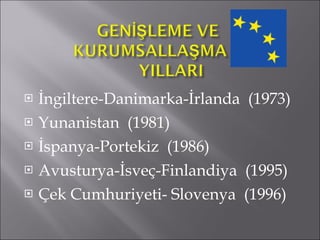 İngiltere-Danimarka-İrlanda  (1973) Yunanistan  (1981) İspanya-Portekiz  (1986) Avusturya-İsveç-Finlandiya  (1995) Çek Cumhuriyeti- Slovenya  (1996) 