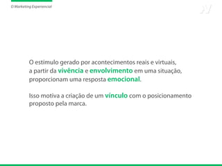 O Marketing Experiencial




          O estímulo gerado por acontecimentos reais e virtuais,
          a partir da vivência e envolvimento em uma situação,
          proporcionam uma resposta emocional.

          Isso motiva a criação de um vínculo com o posicionamento
          proposto pela marca.
 