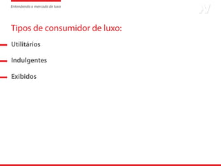 Entendendo o mercado de luxo




Tipos de consumidor de luxo:
Utilitários

Indulgentes

Exibidos
 
